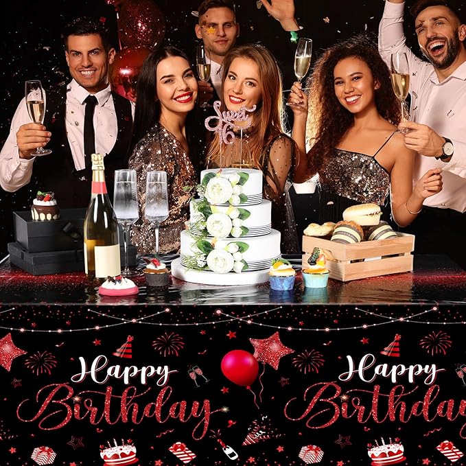 Tudomro 6 Pcs Happy Birthday Tablecloths Happy Birthday Party Decorations Plastic Table Cover Rectangular Cloths for Women Men Baby Shower Party Supplies, 108 x 54 Inch (Black Red)