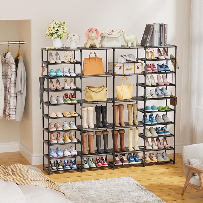 Large Shoe Rack Organizer for Entryway Closet 72-80 Pairs 10-Tier Heavy Duty Tall Garage Shoe Rack Shoe Shelf Shoes Storage with Removable Side Hooks for Bedroom and Garage, Black