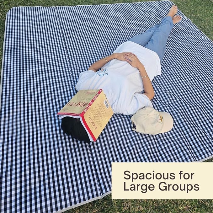 Cute Gingham Picnic Blanket, Waterproof Foldable, in Large 80x60in and Extra Large 80x80in, Portable Compact Beach Blanket, Oversized XL Outdoor Mat (Black, X-Large)
