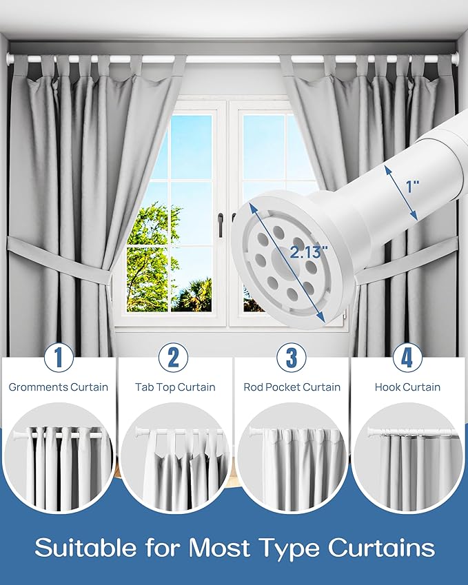 ALLZONE Adjustable Tension Curtain Rod, 42 to 78 Inches, Spring Loaded Curtain Rods No Drilling, Renter Friendly Tension Rod for Windows, Shower, Closet, No Drill, Non-Slip, White