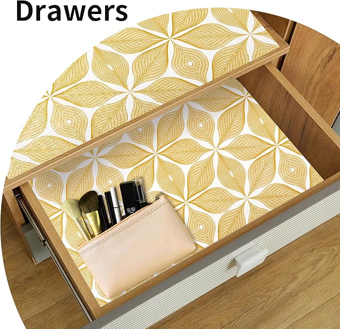 Shelf Liners for Kitchen Cabinets 23.62in x 20FT, Non-Adhesive Cabinet Liner, Strong Non-Slip Golden Leaf Drawer Liner, Easy to Clean for Shelf, Cabinet with Knife and Tape Measure