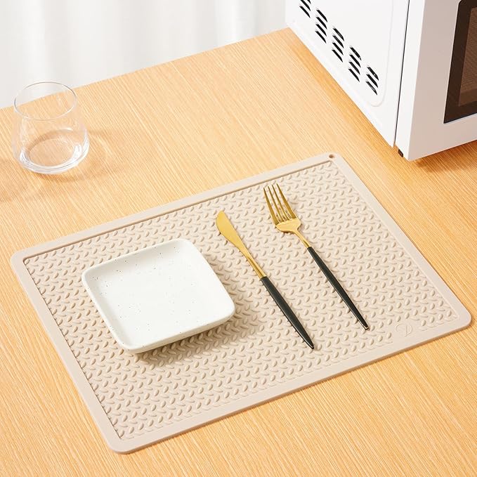 Silicone Drying Mat & Heat Resistant Mat for Kitchen Counter, Non-Slip Dishwasher Safe, Raised Edge for Dishes Bottles Sink (15.35x11.61in, Beige)