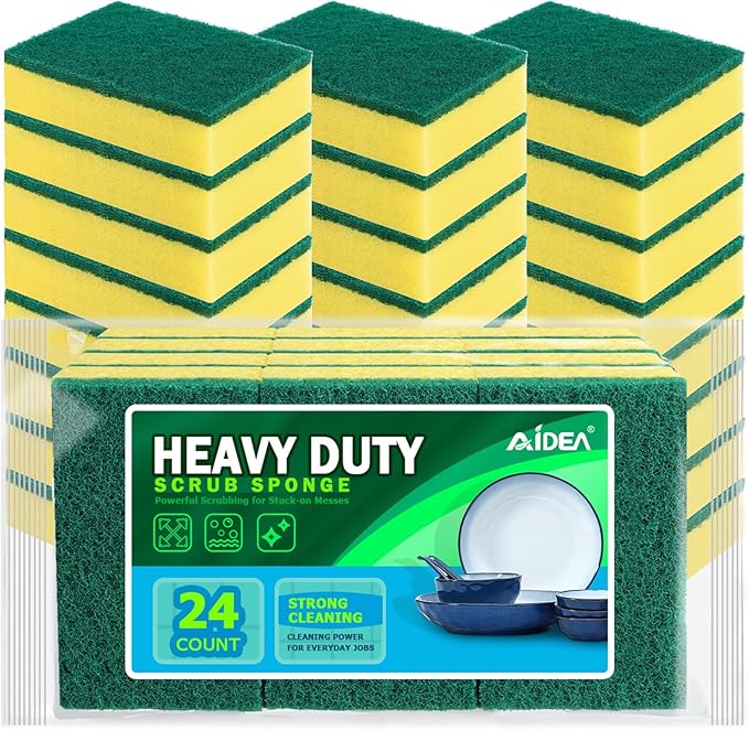 AIDEA Sponges Kitchen, 24 Pack Heavy Duty Dish Sponge, Cleaning Dish Scrubber Sponge for Home and Kitchen, Stink-Free Cleaning Supplies for Pots, Pans
