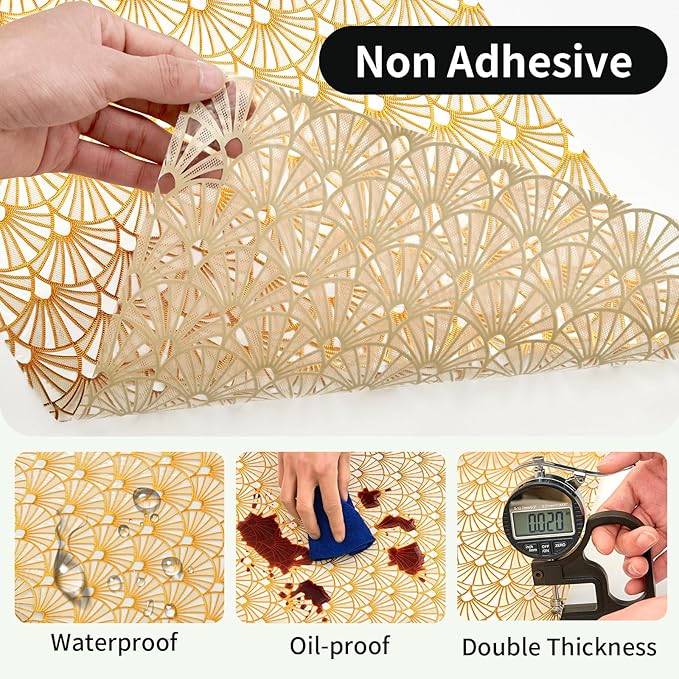 Shelf and Drawer Liner for Kitchen Cabinet,Non-Adhesive Waterproof Oil-Proof Easy Clean Shelf Liner for Dresser & Bathroom Vanities with Adhesive Dots & Cutting Tool(12 in X 30 Ft Gold Fish Scale)
