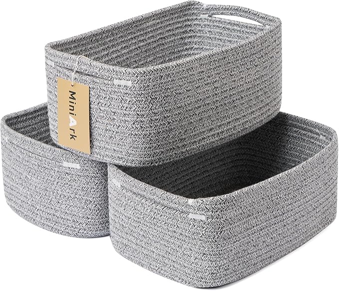 MiniArk Small Storage Baskets for Organizing | Closet Organizer Bins | Shelf Toy Basket | Woven Rope Baskets | Cube Decorative Box | Shallow Basket | 13x8.5x5.1” | 3 Packs Mixed Grey
