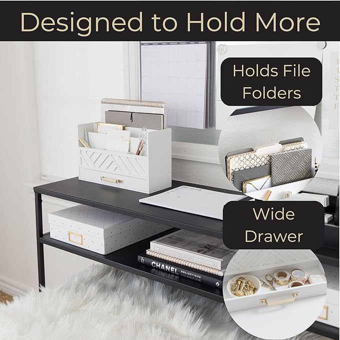 BLU MONACO | White Wooden Desk Organizer & Mail Organizer with Drawer & Gold Handle | Mail Sorter Countertop | 6 Compartments | White Desktop Organizer for Desk