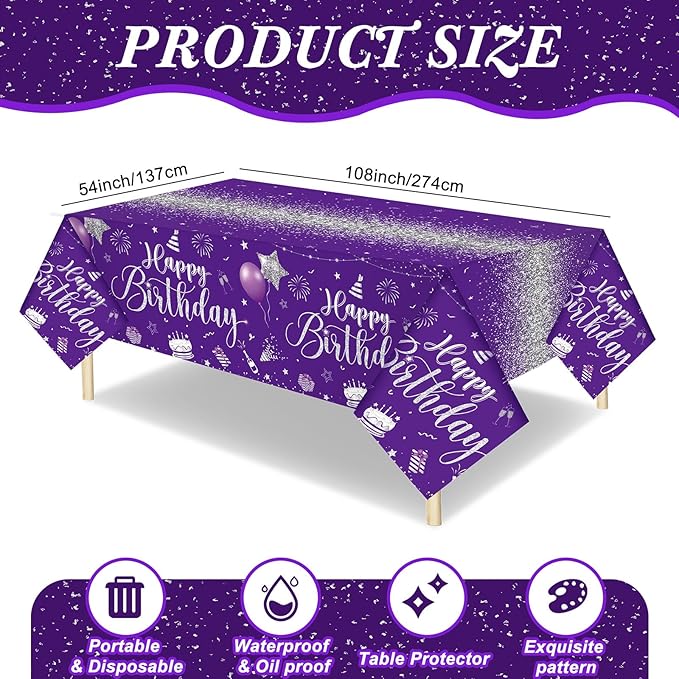 Tudomro 3 Pcs Happy Birthday Tablecloths Happy Birthday Party Decorations Plastic Table Cover Rectangular Cloths for Women Men Baby Shower Party Supplies, 108 x 54 Inch (Purple Silver)