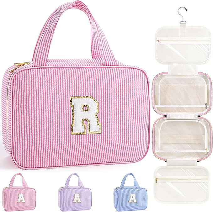 TOPEAST Christmas Gifts for Women Stocking Stuffers - Travel Hanging Toiletry Bag, Personalized Initial Toiletry Pouch, Birthday Gifts for Women Mom Daughter Sister Friends, Cruise Essentials, Pink R