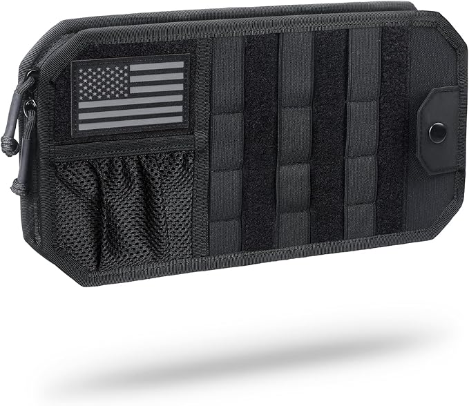WYNEX Molle Car Sun Visor Organizer, Car Accessories with Zip Storage Pouch & Glasses Holder, Semi-Rigid Molle Panel with Patch for Tactical Gears, Fits Most Cars, Trucks, Pickups, Patrols