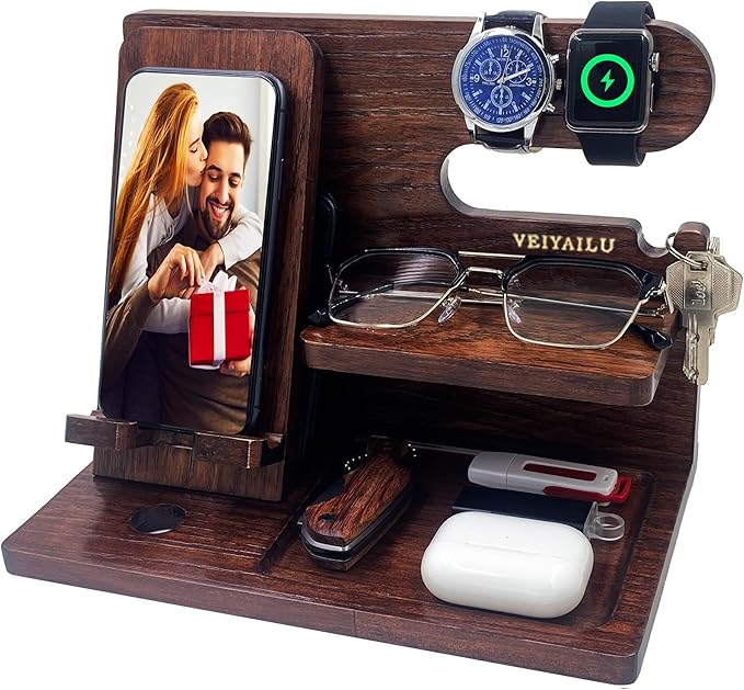 Gifts for Men Women Brother Boss Boyfriend Him Nightstand Organizer Gifts for Dad from Daughter Son Wood Phone Docking Station (Dark Brown)