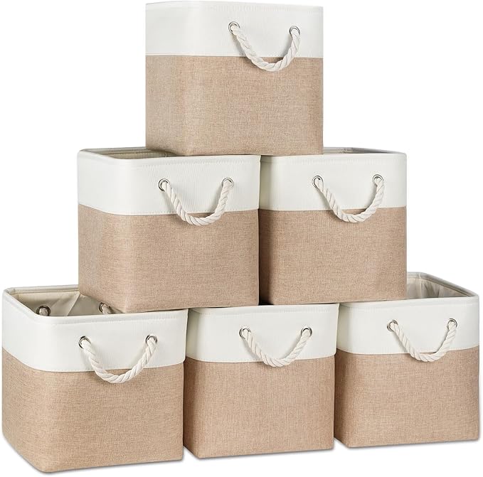 Temary 6-Pack Cube Storage Bins, 11 Inch Foldable Fabric Storage Cubes with Cotton Rope Handles, Sturdy Linen Organizer Baskets with Metal Frame for Shelves, Closet, Nursery (White&Khaki)