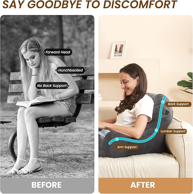 Portable Comfy Reading Pillows for Bed Sitting Up(Light Grey Oeko-Tex), Velvet Back Pillow with Arms & Pockets for Adults, Support Memory Foam Bed Pillow for Dorm/Reading/Watching/Gaming