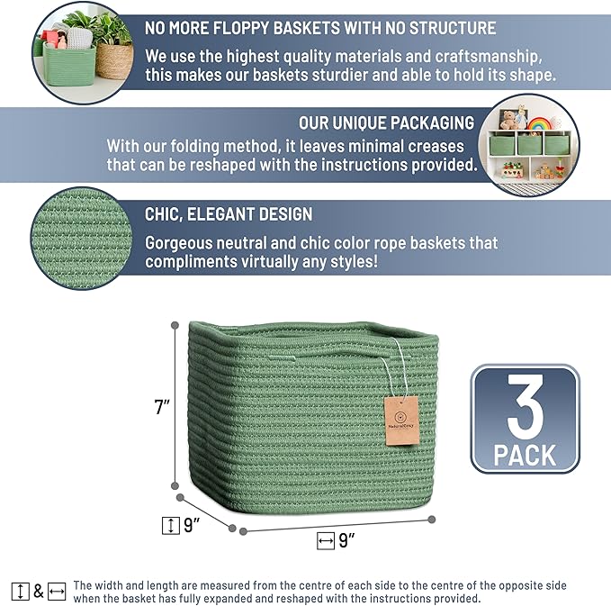 NaturalCozy Storage Cubes 9”x9”x7” Cotton Rope Woven Baskets for Organizing 3-Pack | 9 Inch Cube Storage Bin | Small Basket for Shelf Nursery, Pantry, Decorative Plant, Bathroom Closet, Toy Gift