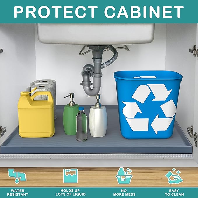 URMONA Waterproof Silicone Under Sink Mat 19'' x 12'' Shelf Liner for Kitchen and Bathroom, Cabinet and Counter Protector, Storage and Organizers, Litter Mat, Pet Cat Puppy Essentials (Black)