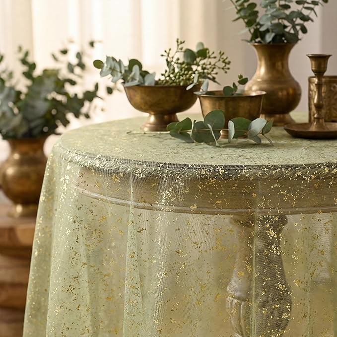 Horaldaily Sage Green Gauze Tablecloth 60x60 Inch Round, Golden Sequin Glitter Metallic Foil, Sheer Tulle Cheesecloth for Wedding Baby Shower Ceremony Birthday