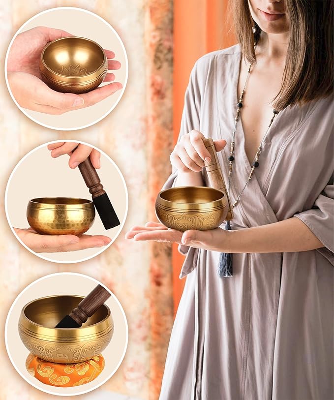 Tibetan Singing Bowls Set-Hand-hammered in Nepal Sound Bowl for Meditation, Yoga, Chakra, Meditation Accessories, Stress Relief Tool and Unique Gifts for Women, Men (Yellow, 4 inch)