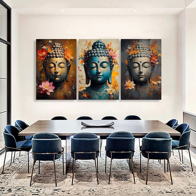 Findbeauty Buddha Canvas Wall Art, Floral Buddha Canvas Print, Zen Meditation Wall Decor, 3 Pcs Buddhist Pictures, Inspirational Wall Decor, Spiritual Wall Art for Living Room (24" x 36" x 3 pcs)