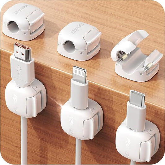 6Pack Cord Organizer, Chfeila Compact Dual Spring & Clasp Lock Cable Management Clips, Adhesive Phone Charger Keeper, Wire Holder for Nightstand/Wall/Car, Home Office Desk Accessories Decor Essentials