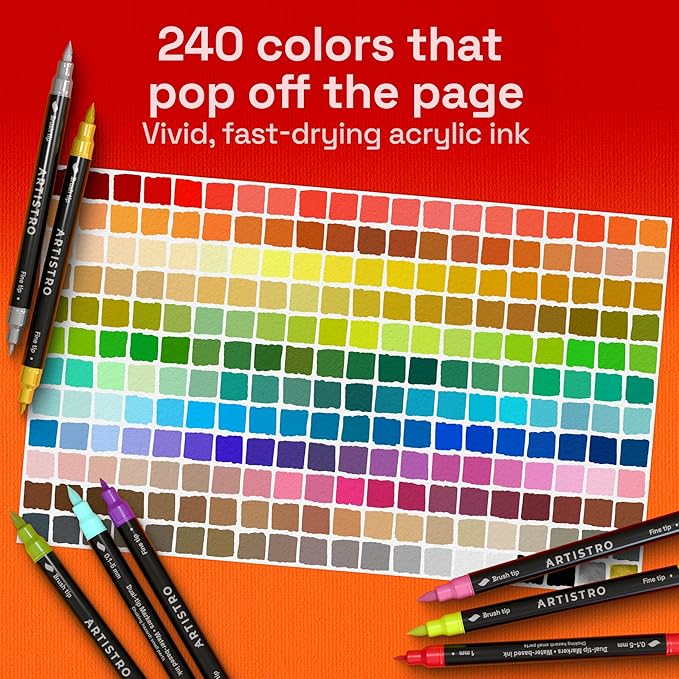 ARTISTRO 240 Acrylic Paint Markers - Paint Pens for Drawing, Brush + Fine Tips - For Fabric, Rock, Glass, Wood, DIY - Art & Craft Supplies for Adults, Teens, Kids - Teacher Appreciation Gift
