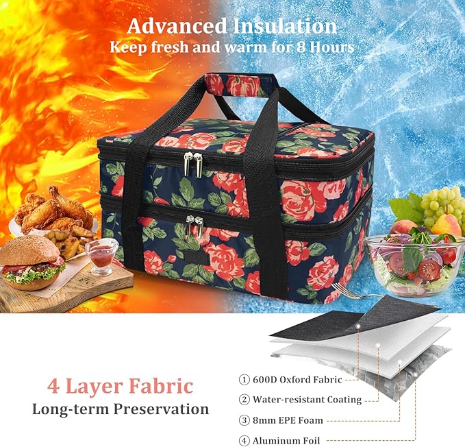 Vuudh Expandable Casserole Carrier Bag - Double Decker Food Bag, Insulated Casserole Carrier for Hot or Cold Food, Lasagna Holder Tote for Picnics, Beaches, Traveling or Gifts