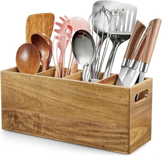 ALELION Acacia Wood Utensil Holder with Removable Divider - 4 Compartment Wooden Utensil Caddy Organizer for Kitchen Counter - Cooking Utensil Crock for Countertop