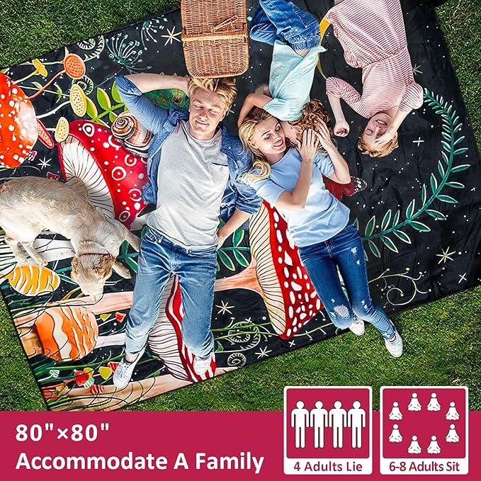 Mushroom Picnic Blankets Waterproof Foldable Picnic Outdoor Blanket 80"x 80" Picnic Mat 3-Layer Thicking Outdoor Foldable Blankets Sandproof Lightweight Beach Blankets with Strap Machine Washable