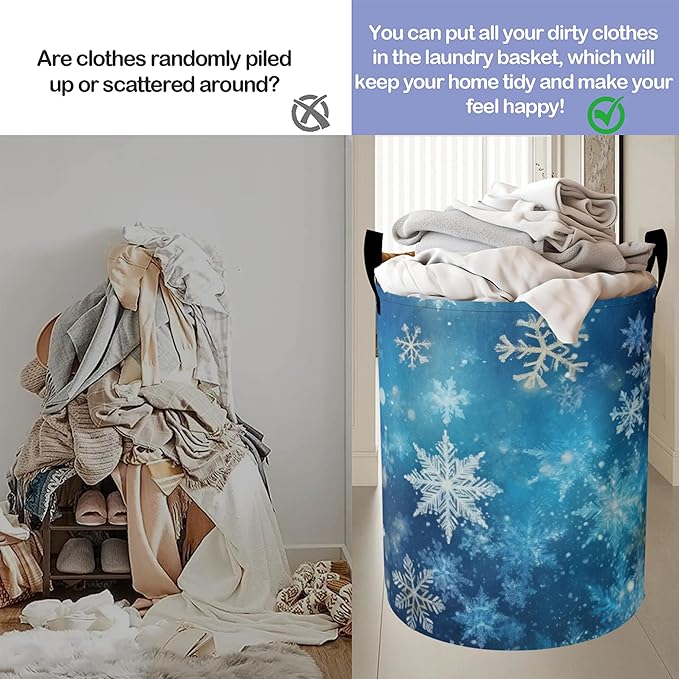 Laundry Basket-Christmas Blue Snowflakes Foldable Waterproof Oxford Cloth Funny Tote Bag Laundry Hamper Clothes Storage Bucket Organizer For Bathroom/Laundry Storage/Bedroom Storage Basket