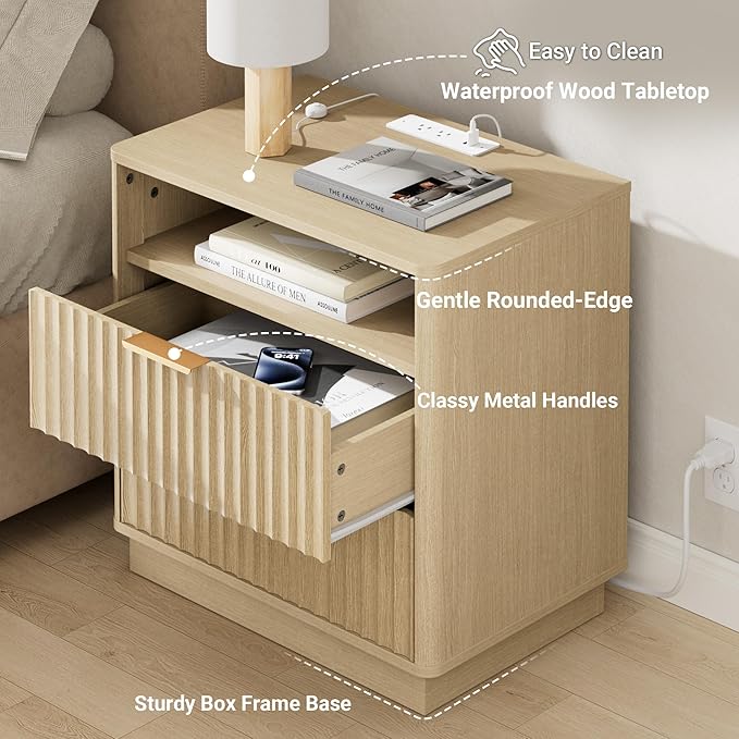 Large Fluted Nightstand with Charging Station, 23" Modern Farmhouse Night Stand, 2 Drawers End Table with Storage, Bedside Table for Bedroom Sofa Home Office, Curved Profile (Natural Oak)