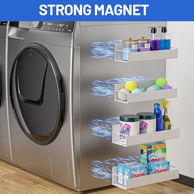 4 Pack Magnetic Laundry Organizer, Heavy Duty Magnetic Shelf For Washer And Dryer, White, Iron