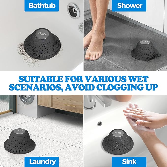 zaa Bathtub Drain Hair Catcher, Premium Silicone Shower Hair Catcher, 1Pack Hair Stopper for Pop Up & Regular Drains of Shower, Bathtub, Bathroom Sink, Bathroom Fixture Accessories, Black