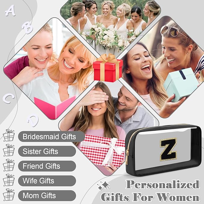 Personalized Initial Letter Clear Makeup Bag,Preppy Small Nylon&PVC Cosmetic Zipper Bag with Chenille Letter,Travel Skincare Toiletry Bag,Monogram Christmas Gift for Teen Girls Women,Z