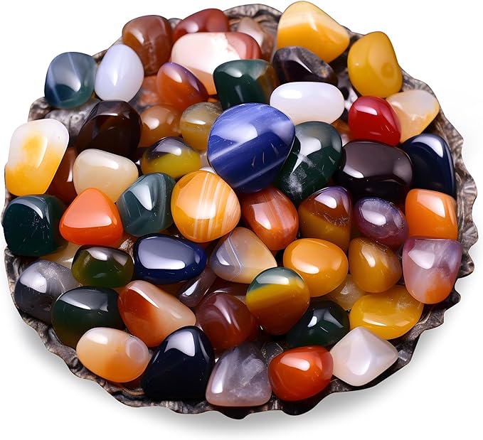 Polished Colorful Agate Crystal Stone Set - 72 Pcs, 0.5" 10 oz Handpicked Natural Tumbled Gemstones Rocks Quartz, Pebbles for Reiki, Chakra, Healing, Home Decor