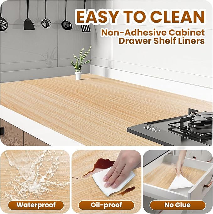 Drawer Shelf Liner for Kitchen Cabinets Non-Adhesive, Non Slip Shelf Paper Waterproof Thickened Cabinet Liners for Shelves, Strong Grip Mats for Cupboard, Dresser, Pantry, Beige, 23.6 in x 30 FT