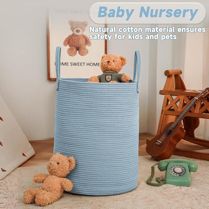 Large Woven Laundry Basket Hamper, 80L Cotton Rope Storage Bin for Blankets, Toys, and Clothes, Decorative Tall Nursery Hamper for Living Room, Baby Nursery, Bathroom, and Bedroom, Blue