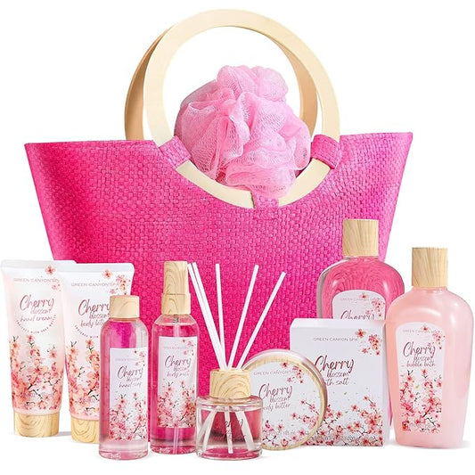 Green Canyon Spa Gifts Baskets for Women, 11pcs Cherry Blossom Spa Relaxing Gift Bags Sets with Shower Gel, Body Lotion, Christmas Birthday Gifts for Her, Mothers Day Gifts
