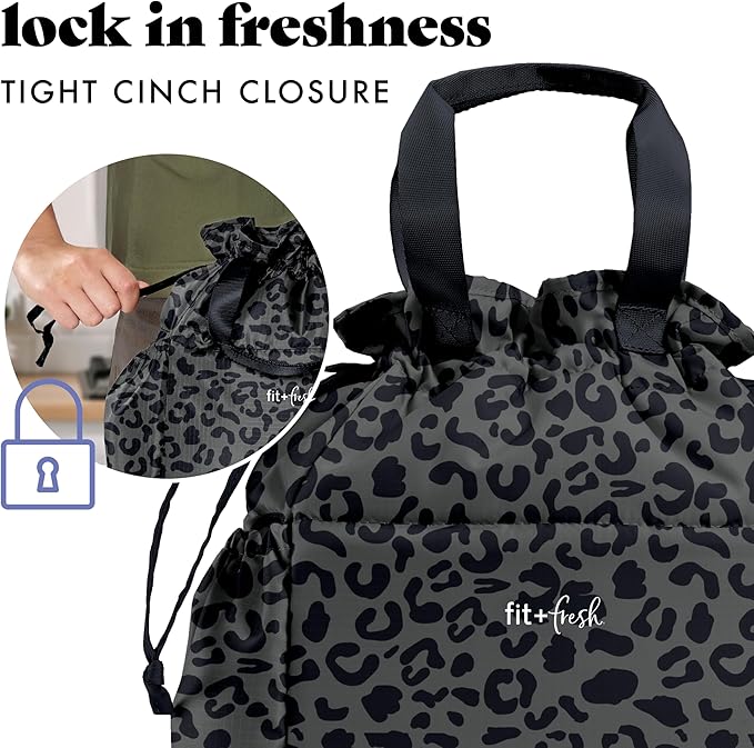 Fit & Fresh Cromwell Drawstring Lunch Bag for Women, Complete Lunch Set with 2 Containers, Stain-Resistant, Leak-Resistant, Back to School Essential, Teacher Lunchbox, Black Cheetah