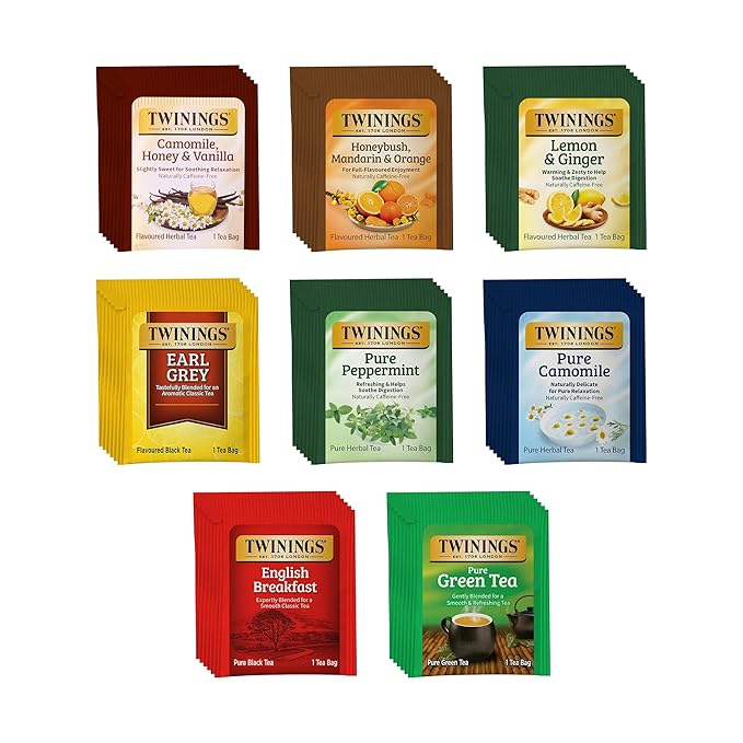 Twinings 48 Tea Bags Herbal Variety Pack – 8 Flavors Individually Wrapped, Mix of Black, Green, and Herbal Teas, Perfect Tea for Any Occasion