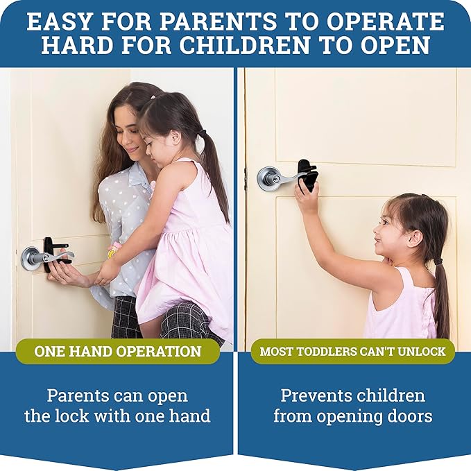 Door Lever Lock (4 Pack) Prevents Toddlers from Opening Doors. 3.25" L * 1.5" W * 4.5" H Easy One Hand Operation for Adults. Durable ABS with 3M Adhesive Backing. Simple Install (Black)