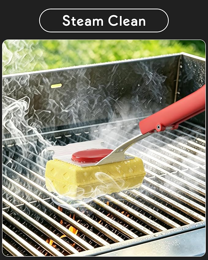 Grill Brush Bristle Free, Steam Grill Cleaning Brush with Scraper, One-Fit-All for All Grate Type, BBQ and Teppanyaki Accessories Cleaner for Outdoor, Two Replaceable Heads