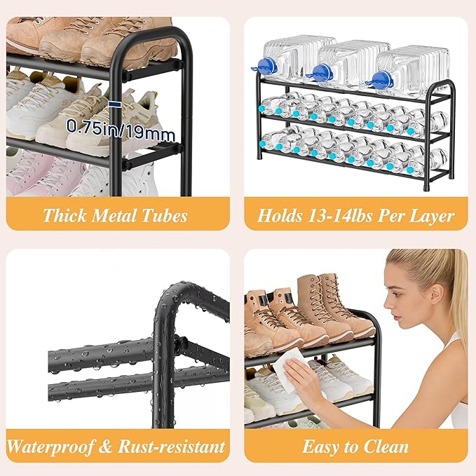 ENJOYBASICS Expandable Shoe Rack, 46.5'' Wide - 24 Pairs Adjustable Shoe Organizer Shelf for Closet, 4-Tier Black Metal Free Standing Shoe Rack Storage for Garage, Entryway