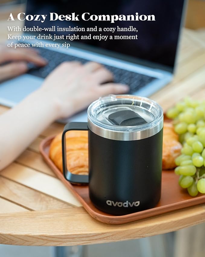 12oz Insulated Coffee Mug with Lid – Includes Two Lids, Stainless Steel Coffee Travel Mug with Handle, Double Wall Vacuum Insulated Camping Mug for Home, Office & Outdoor, Black