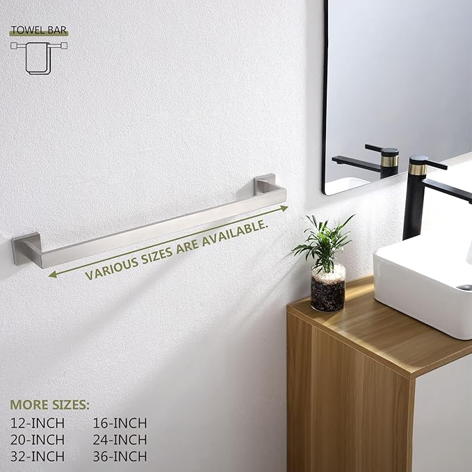 KOKOSIRI 24-Inch Single Towel Bar, Bathroom Kitchen Towel Holder, Wall Mounted Stainless Steel Towel Rack 2 Pack, Brushed Nickel, B4003BR-L24-P2