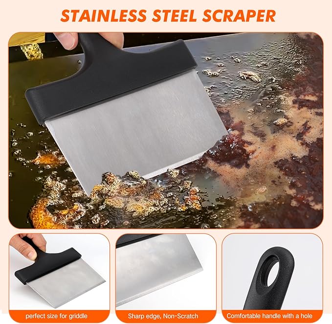 Tilldawn Griddle Cleaning Kit for Blackstone 13 Piece- 2 Stainless Steel Cleaning Scrapers, 10 Scouring Pads and 1 Handle, Cleaning Accessories for Blackstone Grill, Flat Top Grill Cleaning Tools Kit