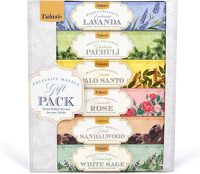Tulasi Herbal Masala - Gift Pack of 6 x 15Gm, Hand Rolled Fragrance Incense Sticks for Aromatherapy, Relaxing, Yoga, Meditation, Prayer, 120 Herbal Incense Sticks with Natural Oils, Thanks Giving