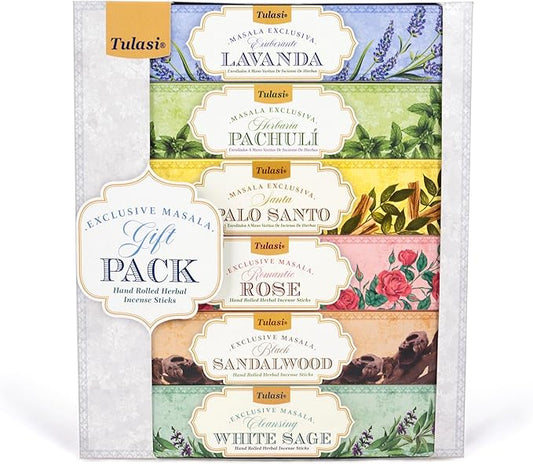 Tulasi Herbal Masala - Gift Pack of 6 x 15Gm, Hand Rolled Fragrance Incense Sticks for Aromatherapy, Relaxing, Yoga, Meditation, Prayer, 120 Herbal Incense Sticks with Natural Oils, Thanks Giving
