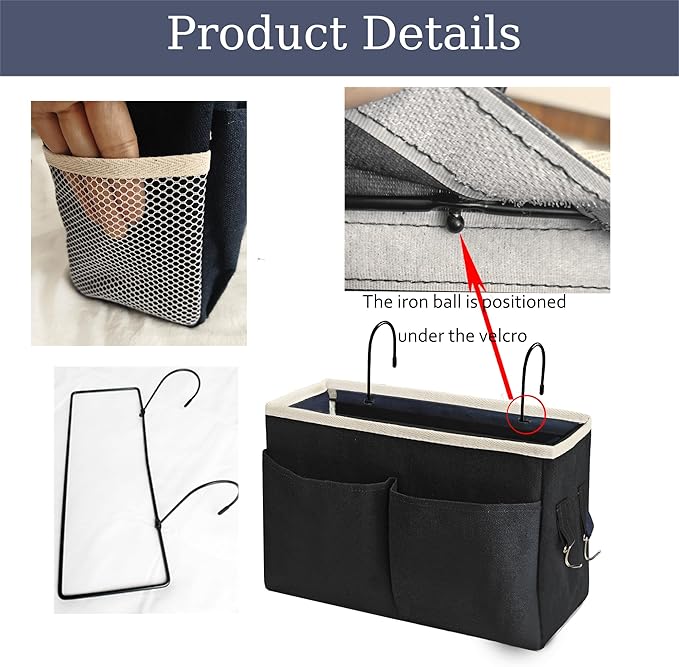 Bedside Caddy Bedside Hanging Storage Basket Multi-Function Organizer Caddy for Bunk and Hospital Beds Dorm Rooms Bed Rails, Can be Placed Glasses Books Mobile Phones（Black）