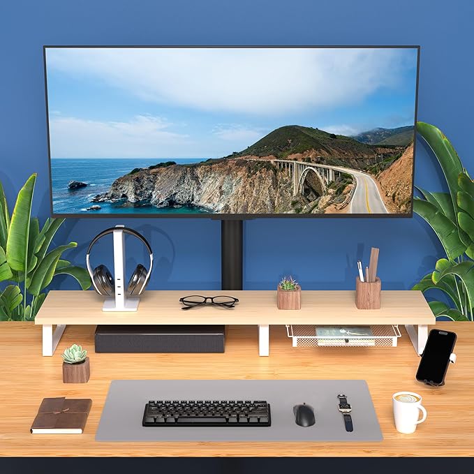 Aothia Dual Monitor Stand Riser - Monitor Stand with Drawer, Monitor Stand for 2 Monitors, Desk Shelf for Monitor with Metal Legs, Wood Monitor Stand with Storage Organizer for PC, Laptop, Screen (Oak)