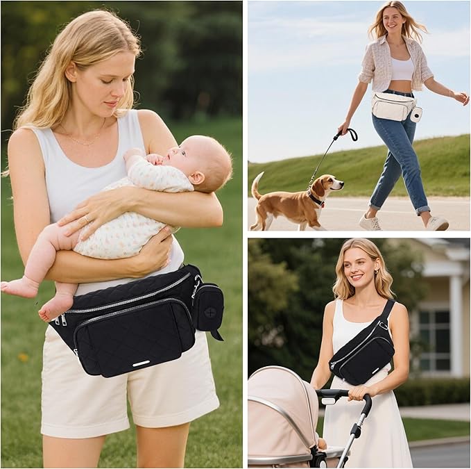 MYHOZEE Small Diaper Bag Fanny Pack - Baby Bag with Waterproof Changing Pad and Wipes Dispenser Quilted Nylon Crossbody Bags for Mom Baby Compact Diaper Purse Cross Body Purses