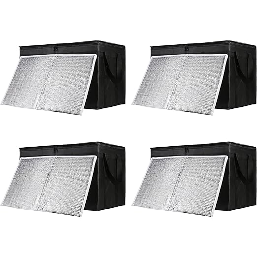 Insulated Food Delivery Bag with Hard Bottom, XXX-Large Insulated Reusable Grocery Cooler/Hot Bags, Tote Bag for Shopping/Travel, Black, 4-Pack