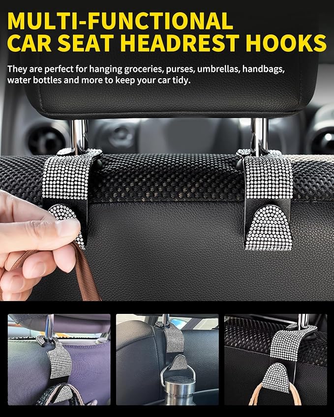 MEALAM 4 Pack Blink Diamond Car Seat Headrest Hooks Crystal Rhinestone Car Purse Holder Universal Interior Accessories for Handbags, Water Bottles, Coats, Umbrellas, White